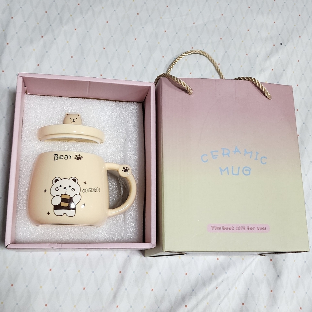 Cute Bear Ceramic Mug with Lid And Spoon